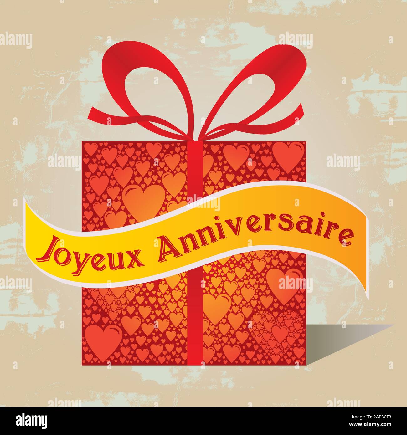 Boîte cadeau joyeux anniversaire texte français avec motif coeur et ruban en rouge arrière-plan rétro Grunge Illustration de Vecteur
