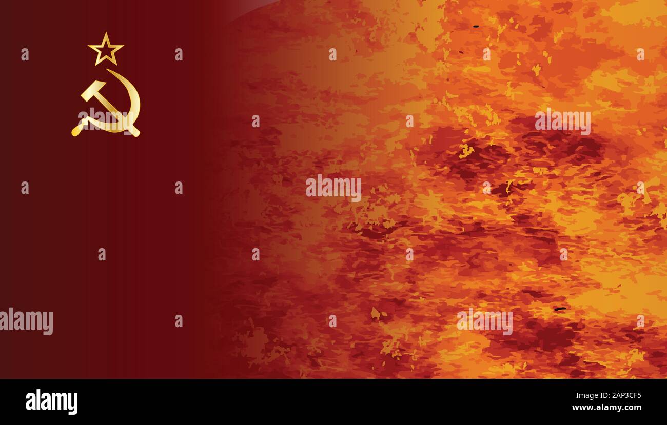 Marteau et la faucille en or situé sur un drapeau russe soviétique fade aux flammes Illustration de Vecteur