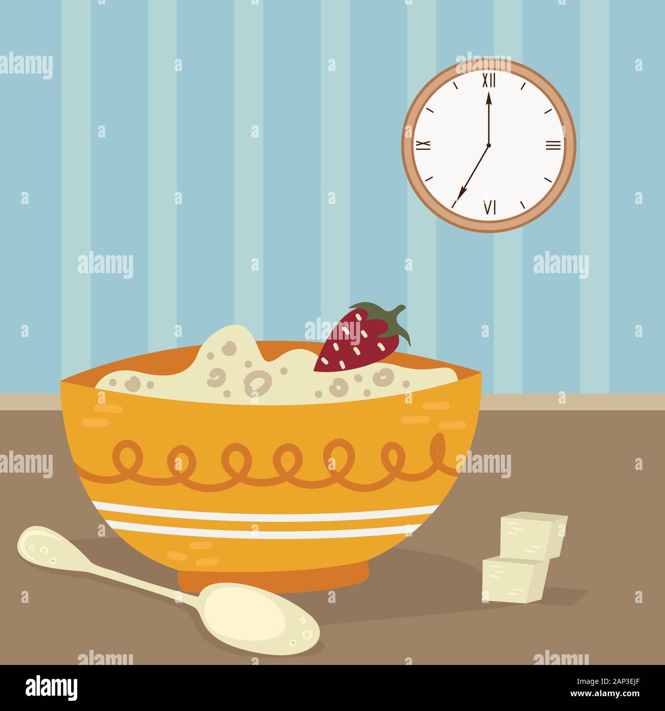 Dans un bol d'avoine avec une tasse de café et une plante en pot sur la table. Télévision vector illustration. Illustration de Vecteur