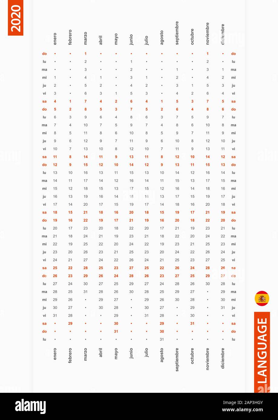 Une ligne espagnol calendrier vertical 2020 dimanche, premier jour de la semaine. Calendrier de vecteur dans la langue espagnole. Illustration de Vecteur