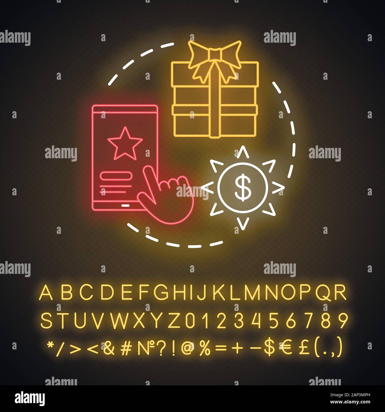 Votre bonus neon light concept icône. Idée cadeaux et prix. Remises, échangez vos points. Programme de récompenses. Promotions et offres spéciales. Signe rougeoyant avec alpha Illustration de Vecteur