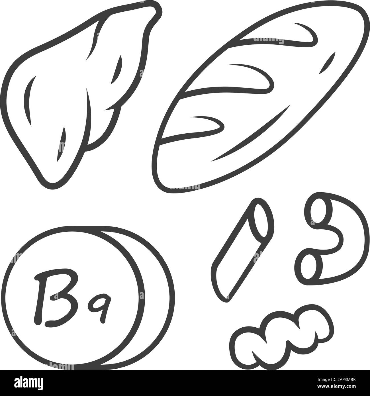 La vitamine B9 icône linéaire. Le pain, le foie et les pâtes. Produits de viande et de farine. L'acide folique alimentation naturelle. Fine ligne illustration. Symbole de contour. Vecto Illustration de Vecteur