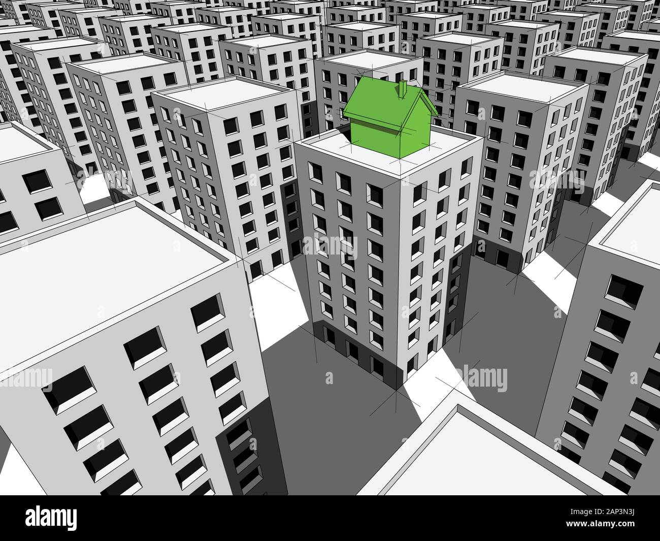 Écologique vert maison individuelle construite sur le haut du bloc d'appartements entouré de nombreux immeubles gris Illustration de Vecteur