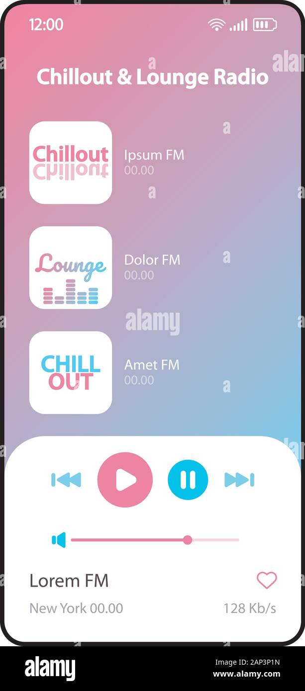 Chillout Lounge & smartphone interface radio modèle de scénario. Lecteur de  musique mobile app page layout design moderne. Liste de lecture audio,  écoute albums scre Image Vectorielle Stock - Alamy