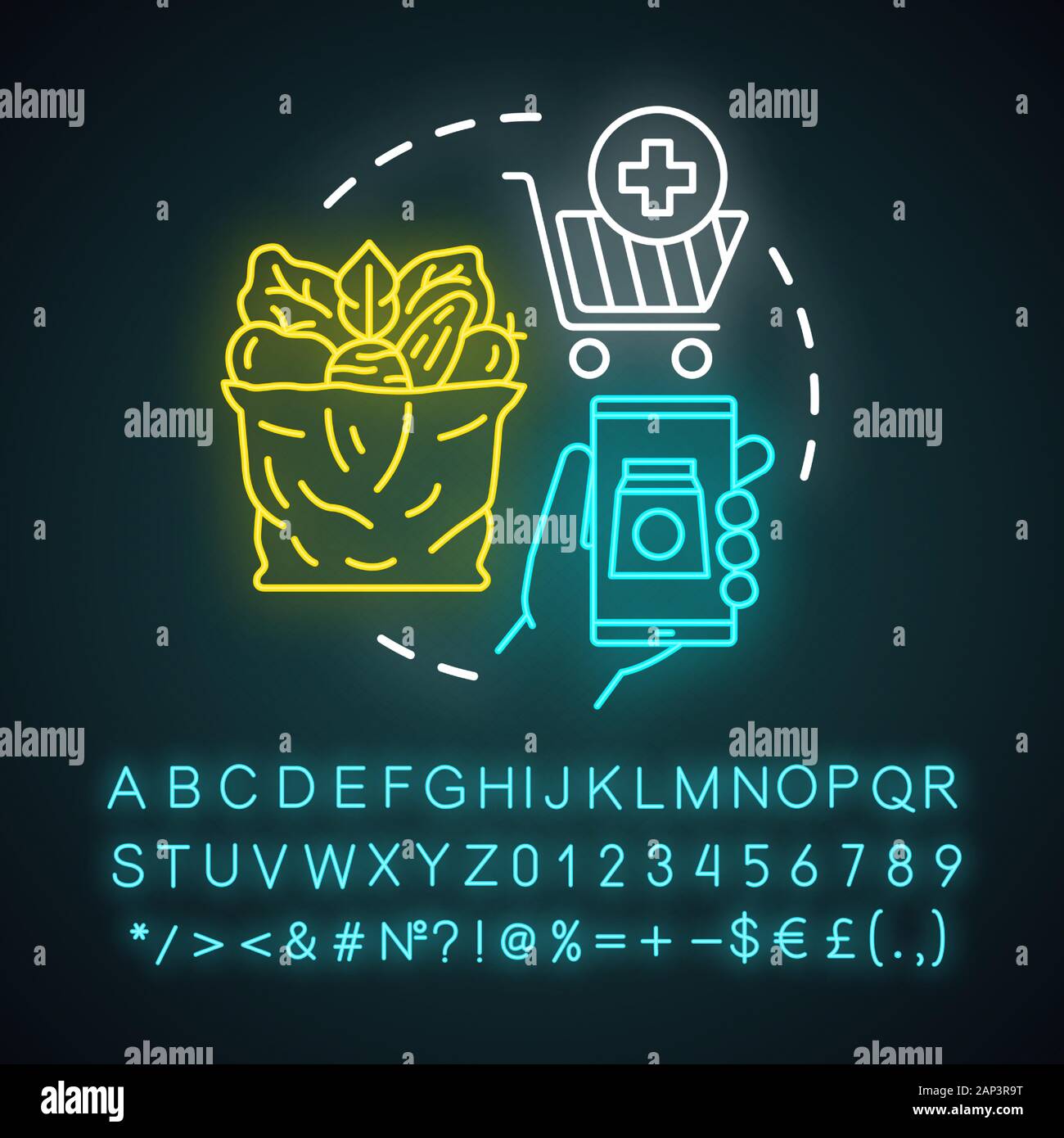 La commande d'épicerie neon light concept icône. Livraison de repas à domicile idée. Signe rougeoyant avec alphabet, chiffres et symboles. Panier, smartphone et vege Illustration de Vecteur
