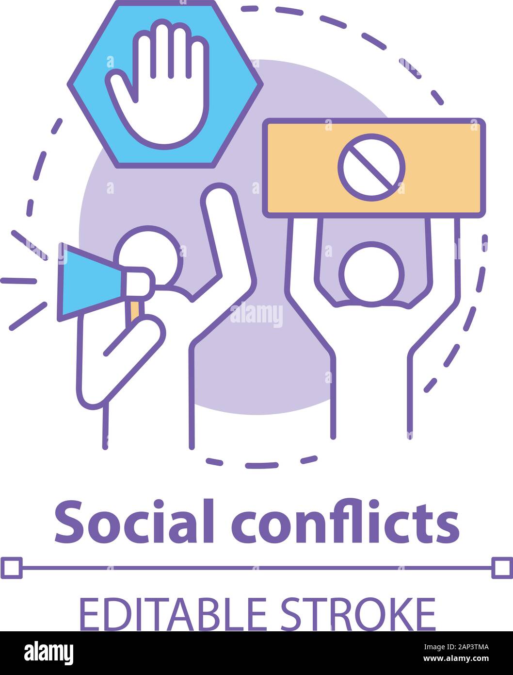 Les conflits et les différends sociaux icône concept. Le comportement antisocial, la violence et les troubles idée fine ligne illustration. D'émeute, de grève, de protestation civile. Vector Illustration de Vecteur