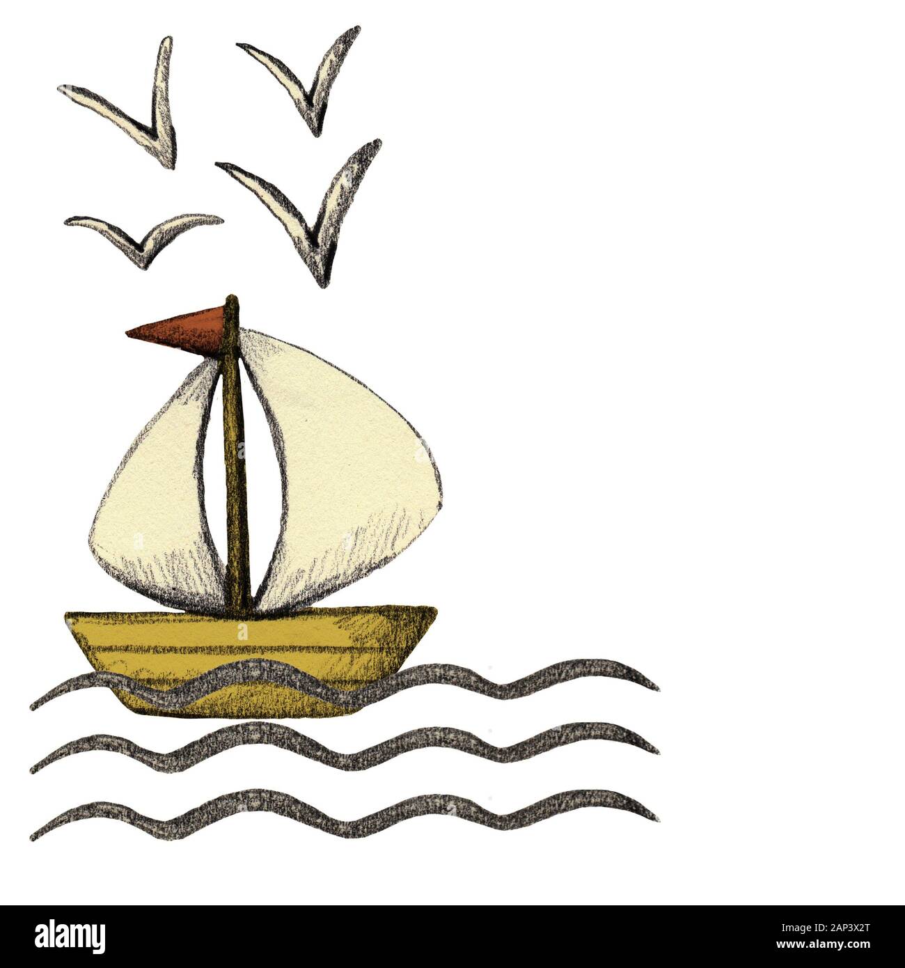 Crayon à la main. navire texturé Enfants imprimer Banque D'Images