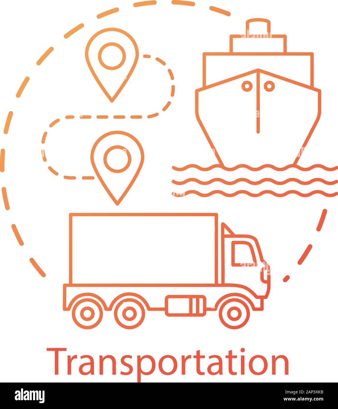 L'icône de concept de transport. Voyage par mer et par terre. Vélo, bateau, camion. La logistique et la distribution. Livraison de marchandises idée fine ligne illustration. Illustration de Vecteur