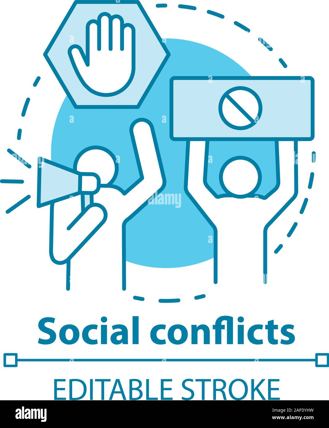 Les conflits et les différends sociaux icône concept. Le comportement antisocial, la violence et les troubles idée fine ligne illustration. D'émeute, de grève, de protestation civile. Vector Illustration de Vecteur