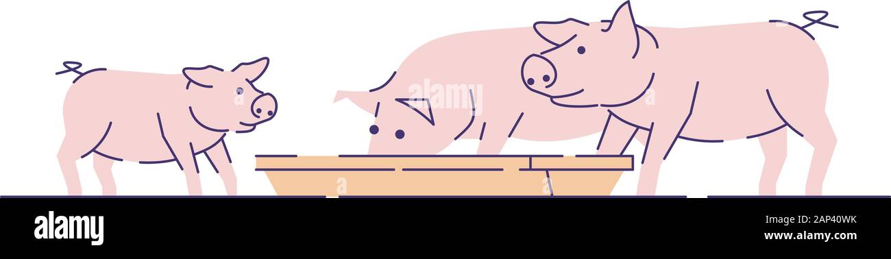 L'alimentation des porcs rose télévision vector illustration. L'élevage, l'élevage et de reproduction cartoon concept avec contour. La production de viande ferme. Hog, Illustration de Vecteur