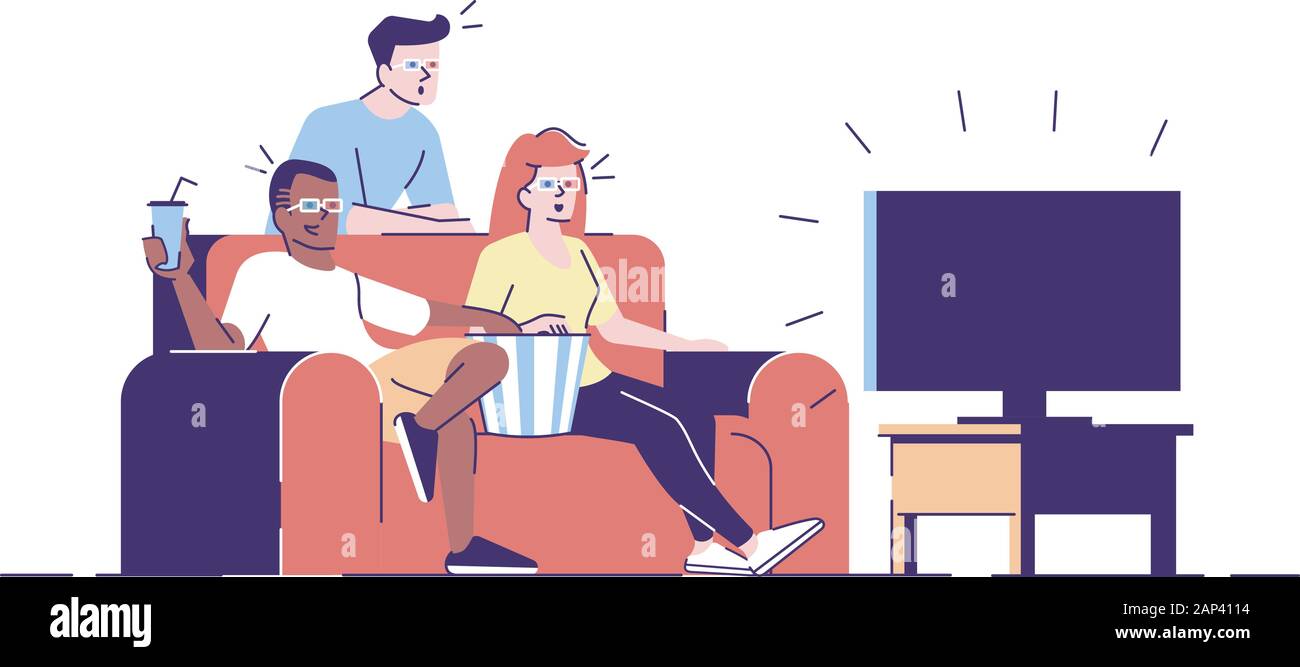 Les amis regarder des films télévision vector illustration. Les garçons, fille de lunettes 3D Profitez de série télé, film à la maison. Les élèves eating popcorn cartoon isolé cha Illustration de Vecteur
