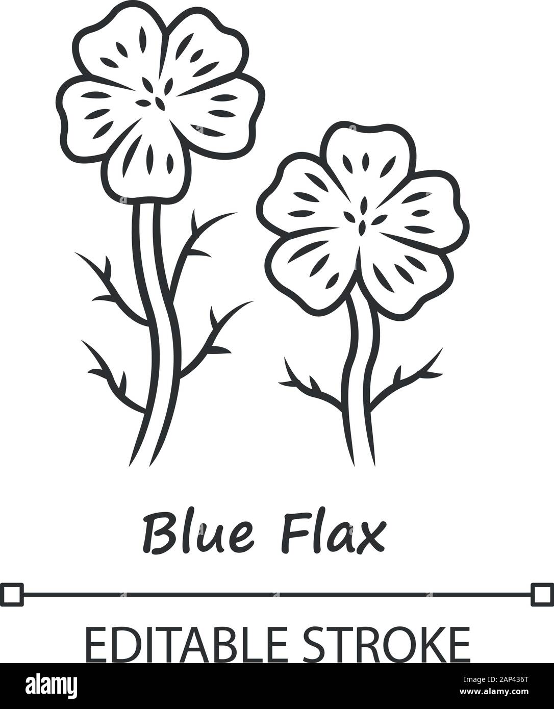 Plante de lin bleu icône linéaire. Fine ligne illustration. , Fleur sauvage avec nom de l'inscription. Fleur de printemps. Linum en fleurs inflorescence de fleurs sauvages. Illustration de Vecteur