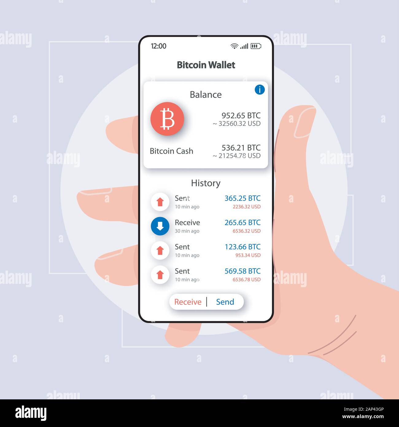 Équilibre Bitcoin wallet smartphone interface vector modèle. Page de l'application Mobile blanc design mise en page. Envoyé et reçu de l'argent écran. Télévision L'ASSURANCE-CHÔMAGE pour applicat Illustration de Vecteur