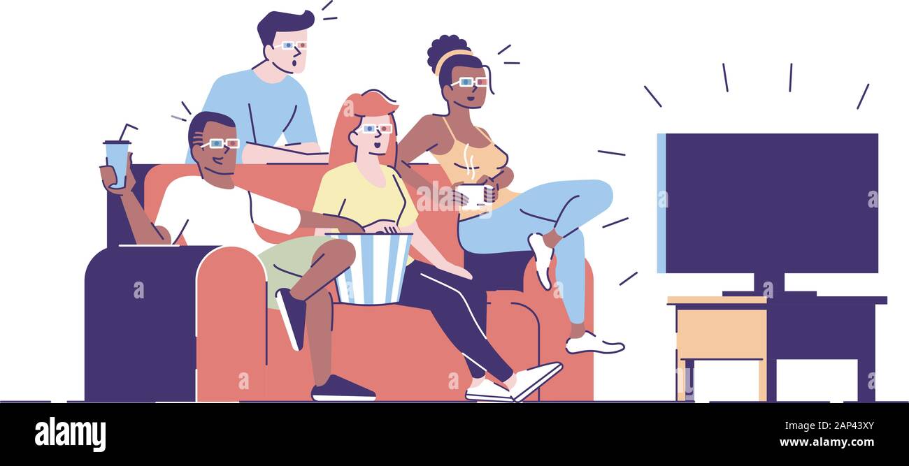 Regarder la vidéo en 3D sans lunettes télévision vector illustration. Les amis, les étudiants bénéficient de film sur le téléviseur, avec le pop-corn et des boissons ensemble isolé cartoon chara Illustration de Vecteur