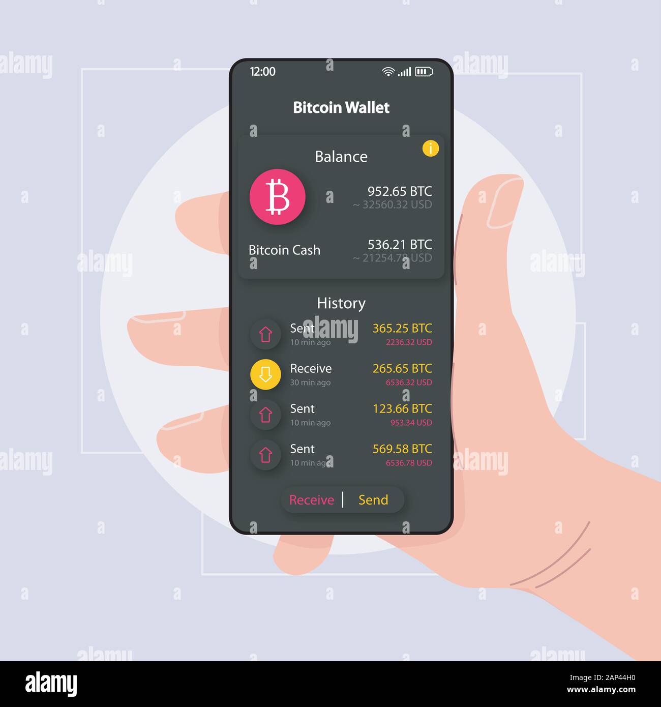 Portefeuille Bitcoin smartphone interface assistant modèle de scénario.  Page de l'application Mobile black design mise en page. Des transactions  d'argent écran. L'interface utilisateur pour l'application. Télévision  Image Vectorielle Stock - Alamy