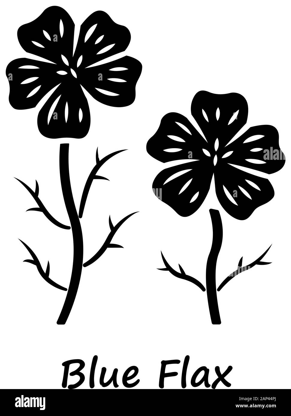 Plante de lin bleu icône glyphe. , Fleur sauvage avec nom de l'inscription. Fleur de printemps. Linum en fleurs inflorescence de fleurs sauvages. Symbole de Silhouette. Negat Illustration de Vecteur