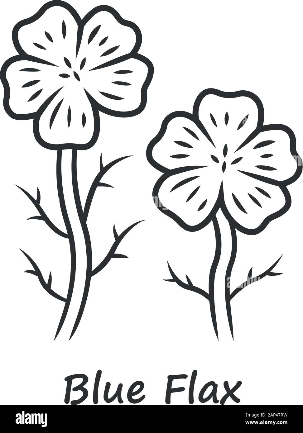 Plante de lin bleu icône linéaire. Fine ligne illustration. , Fleur sauvage avec nom de l'inscription. Fleur de printemps. Linum en fleurs inflorescence de fleurs sauvages. Illustration de Vecteur