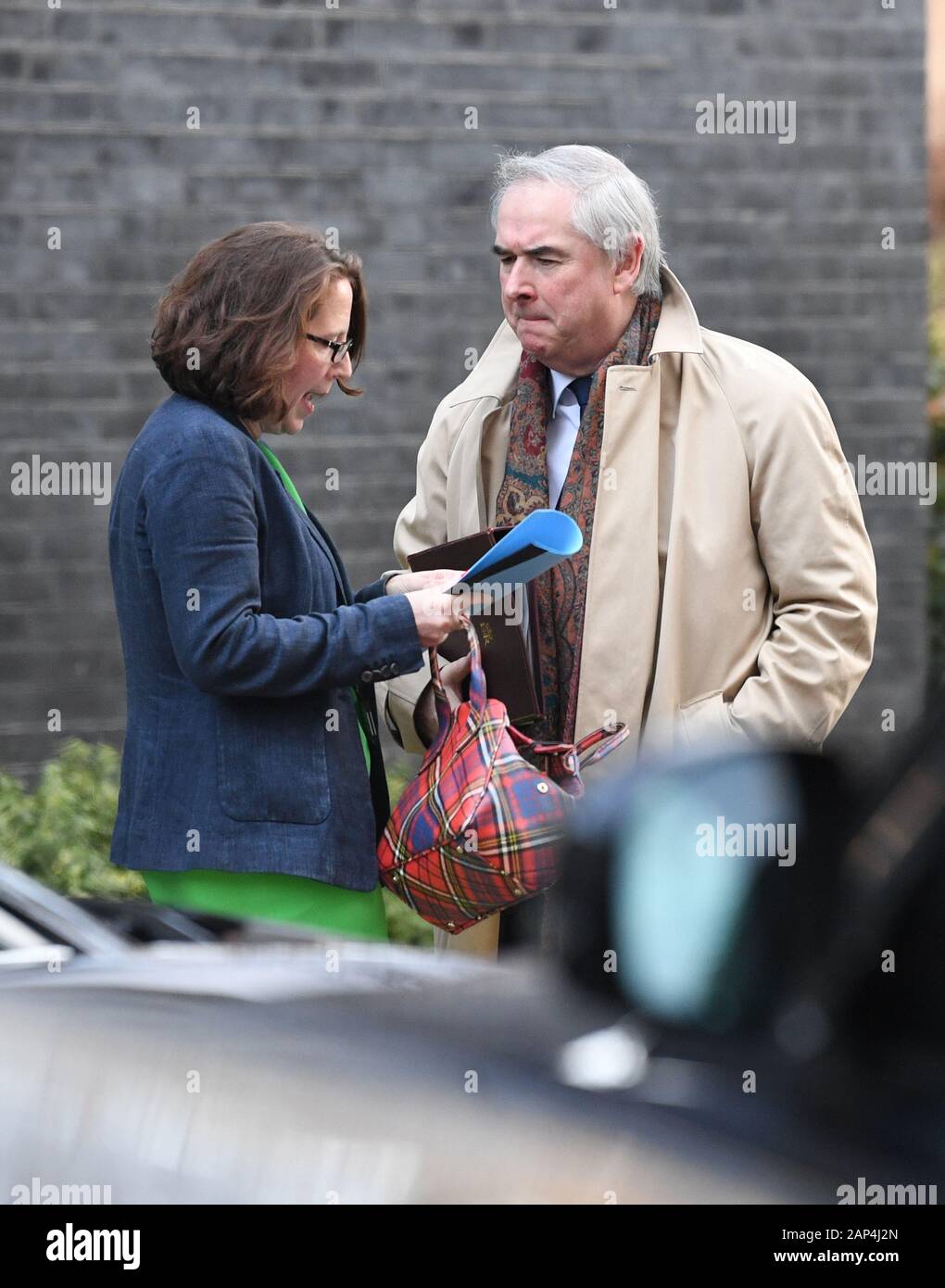 Procureur général Geoffrey Cox et leader de la Chambre des Lords Baronne Evans laissant une réunion du cabinet à Downing Street, Londres. Banque D'Images