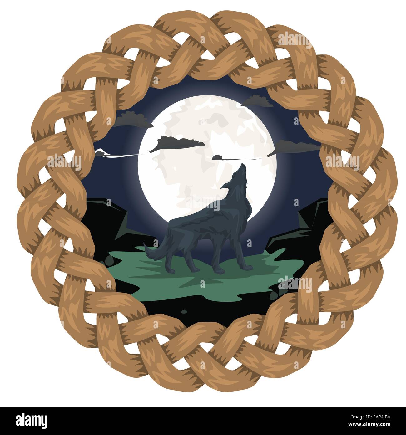 Loup hurlant sur la montagne avec fond pleine lune. Symbole rond clippé avec ruban. Illustration vectorielle plate. Illustration de Vecteur