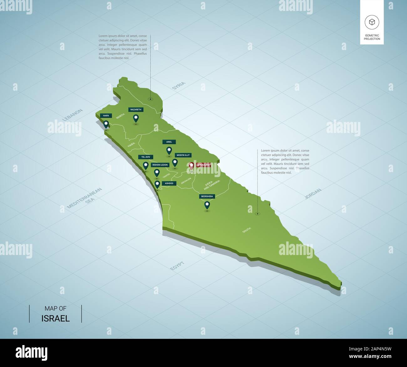 Carte stylisée d'Israël. 3D isométrique carte verte avec les villes, les frontières, Jérusalem, capitale des régions. Vector illustration. Couches modifiables clairement étiquetés. Illustration de Vecteur