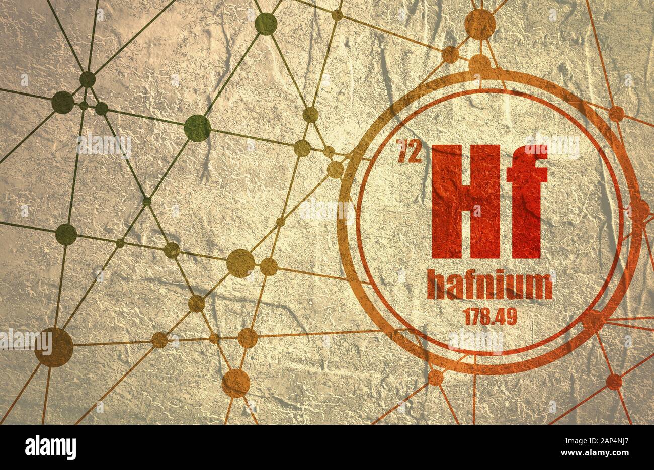 Élément chimique hafnium. Signer avec le numéro atomique et la masse atomique. L'élément chimique du tableau périodique. Arrière-plan de la communication et de la molécule. Connec Banque D'Images