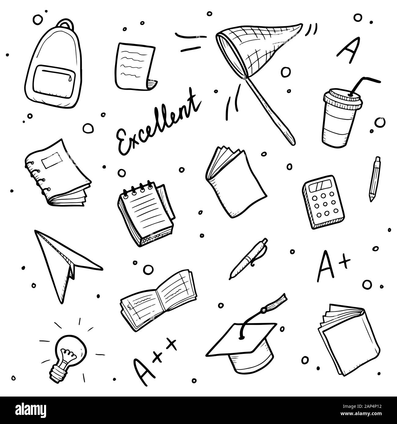Ensemble de la main, l'élément d'étude de l'école College et de bonnes notes. Concept d'excellentes notes, l'éducation, étudiants, étude de l'élève pour bacground design. Doodle style croquis vector illustration. Illustration de Vecteur