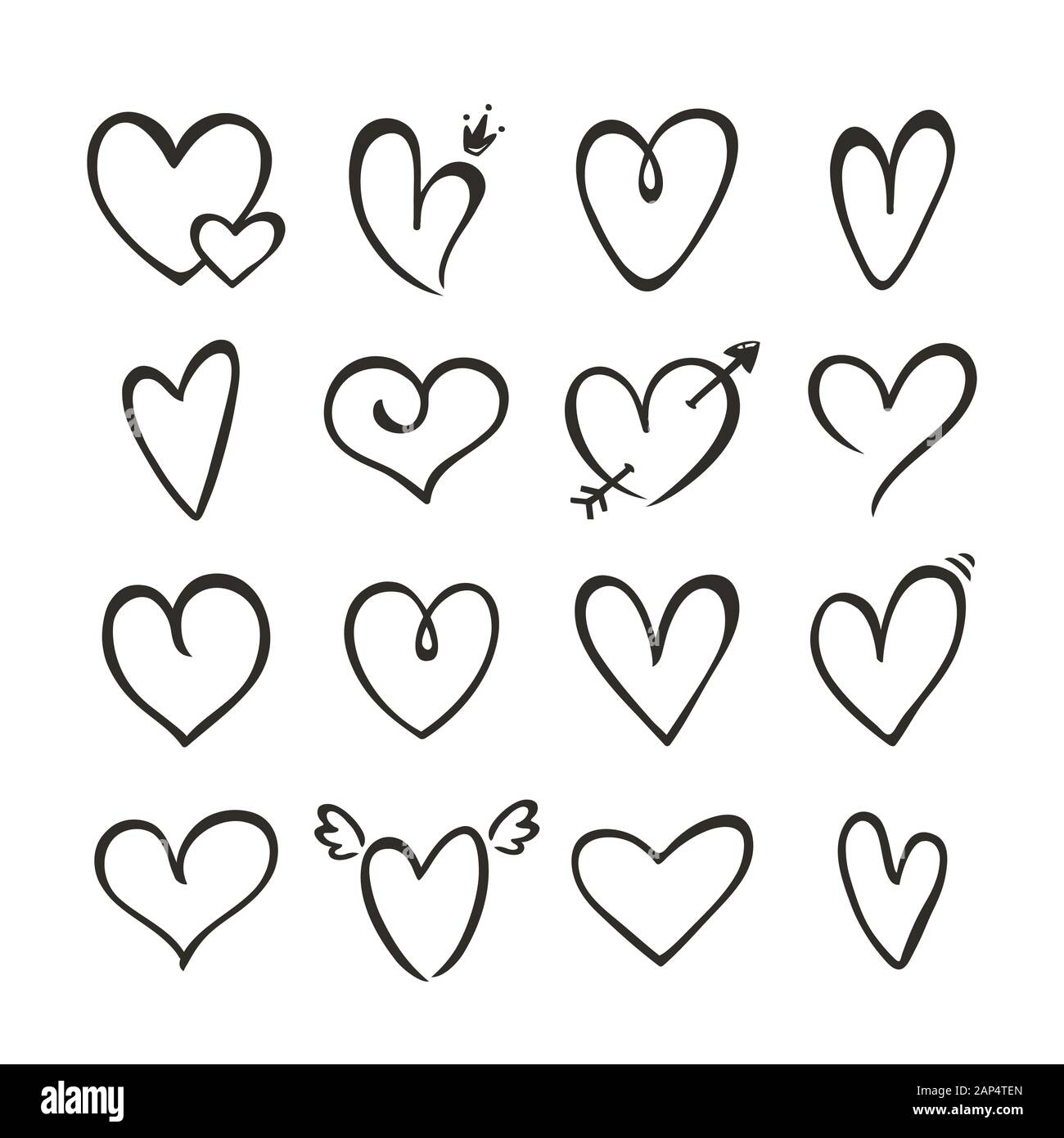 Coeur isolé sur un fond blanc. Vector hand drawn contours symboles pour l'Amour, mariage, la Saint Valentin ou autre motif romantique. Ensemble de 16 Divers Illustration de Vecteur