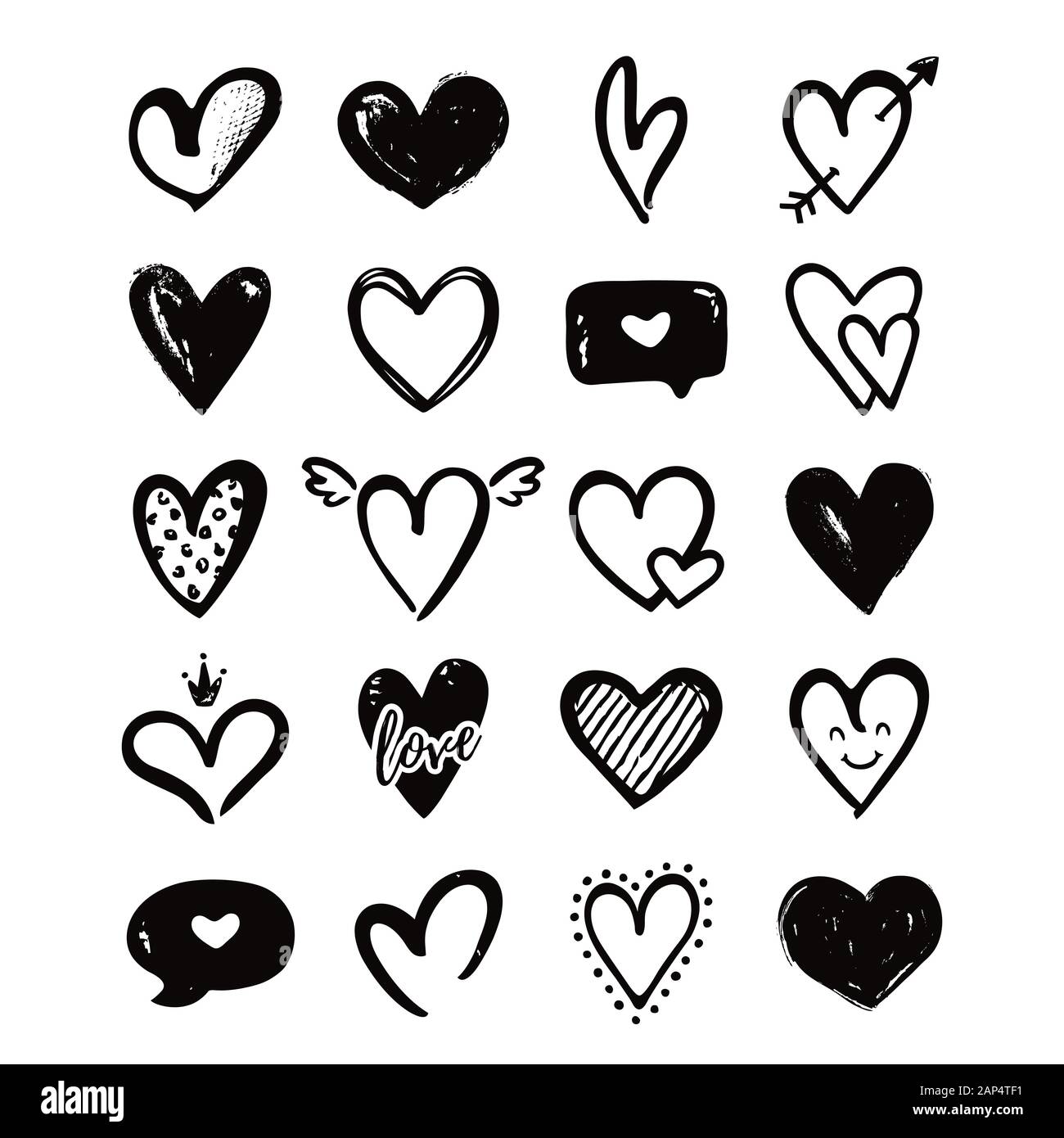 Coeur isolé sur un fond blanc. Vector hand drawn symboles pour l'Amour, mariage, la Saint Valentin ou autre motif romantique. Ensemble de 20 différents decora Illustration de Vecteur