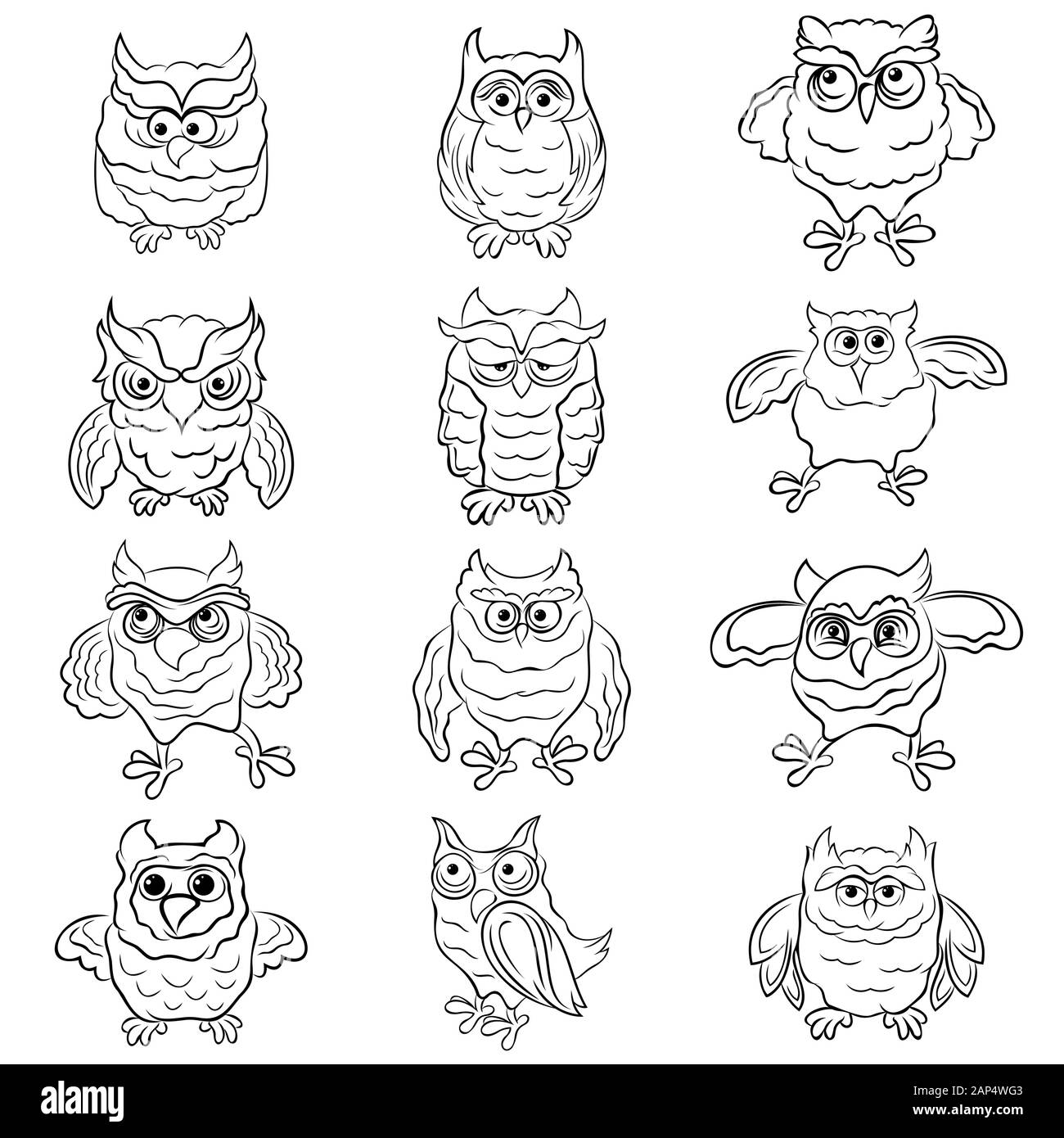 Ensemble de douze funny cartoon hiboux décrit isolé sur le fond blanc, dessin illustration Illustration de Vecteur