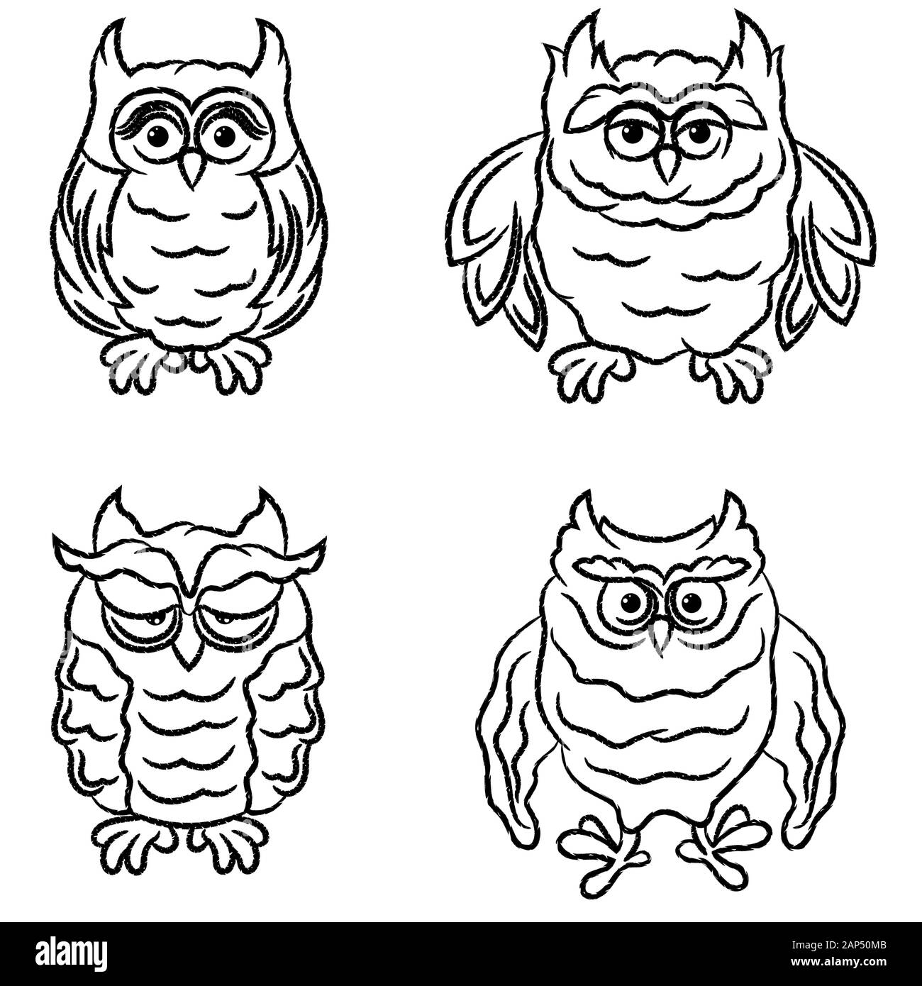 Ensemble de quatre dessins amusants hiboux décrit isolé sur le fond blanc, dessin illustration Illustration de Vecteur