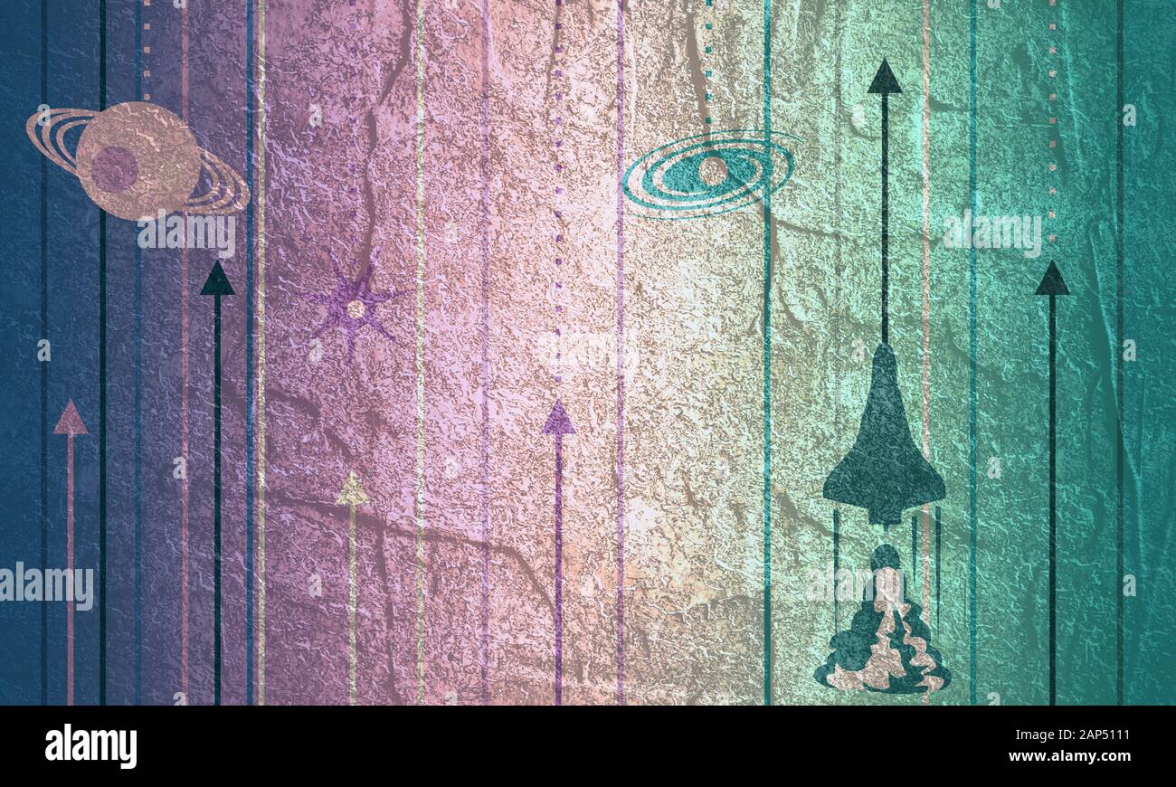 Espace voyage toile de fond relative. Lancement du navire spatial. Arrière-plan abstrait géométrique avec rayures. Banque D'Images