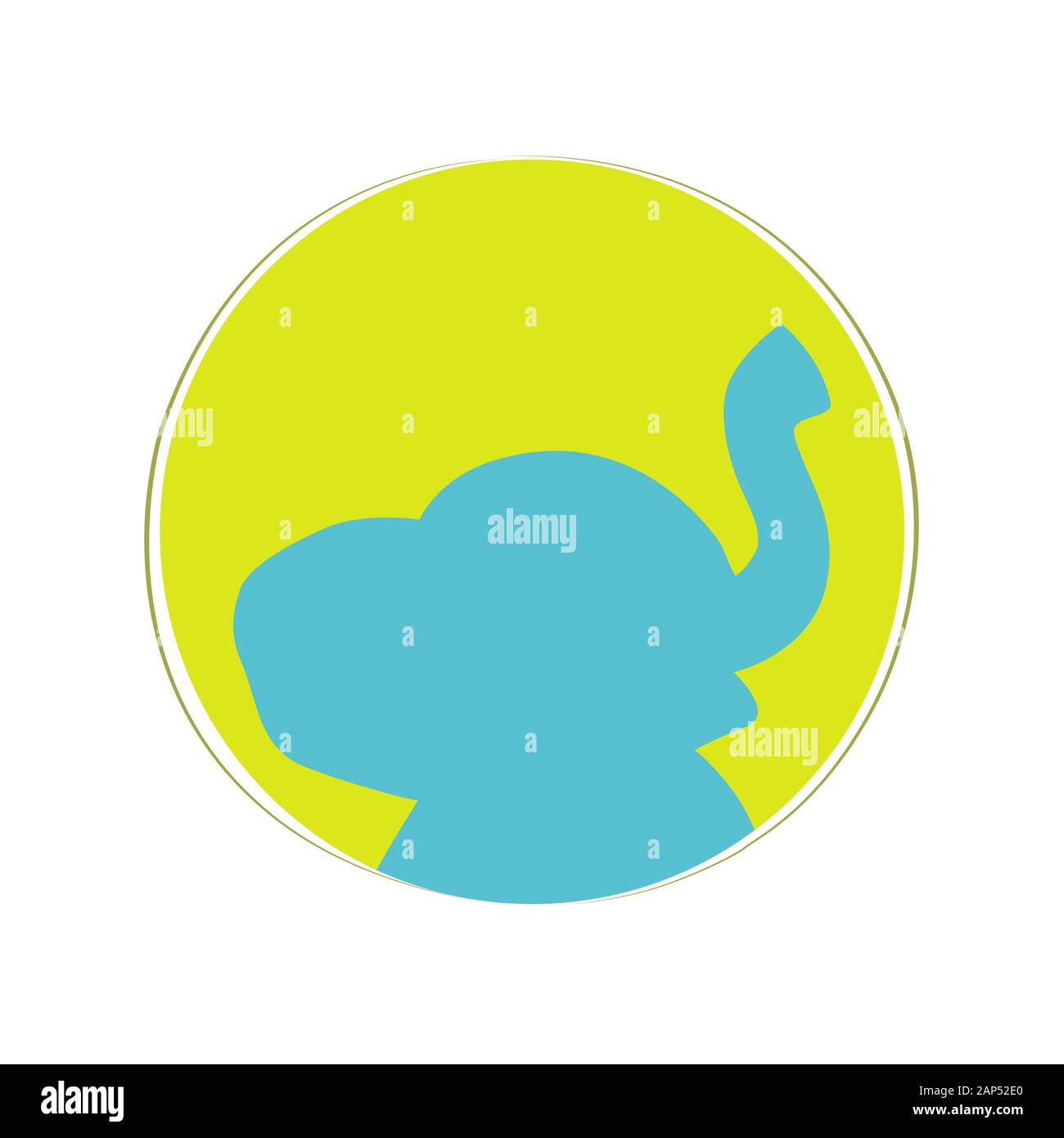 Tête d'éléphant bleue avec silhouette de tronc et d'oreilles à l'intérieur du modèle de logo en forme de cercle jaune. Modèle de logo animal. Banque D'Images