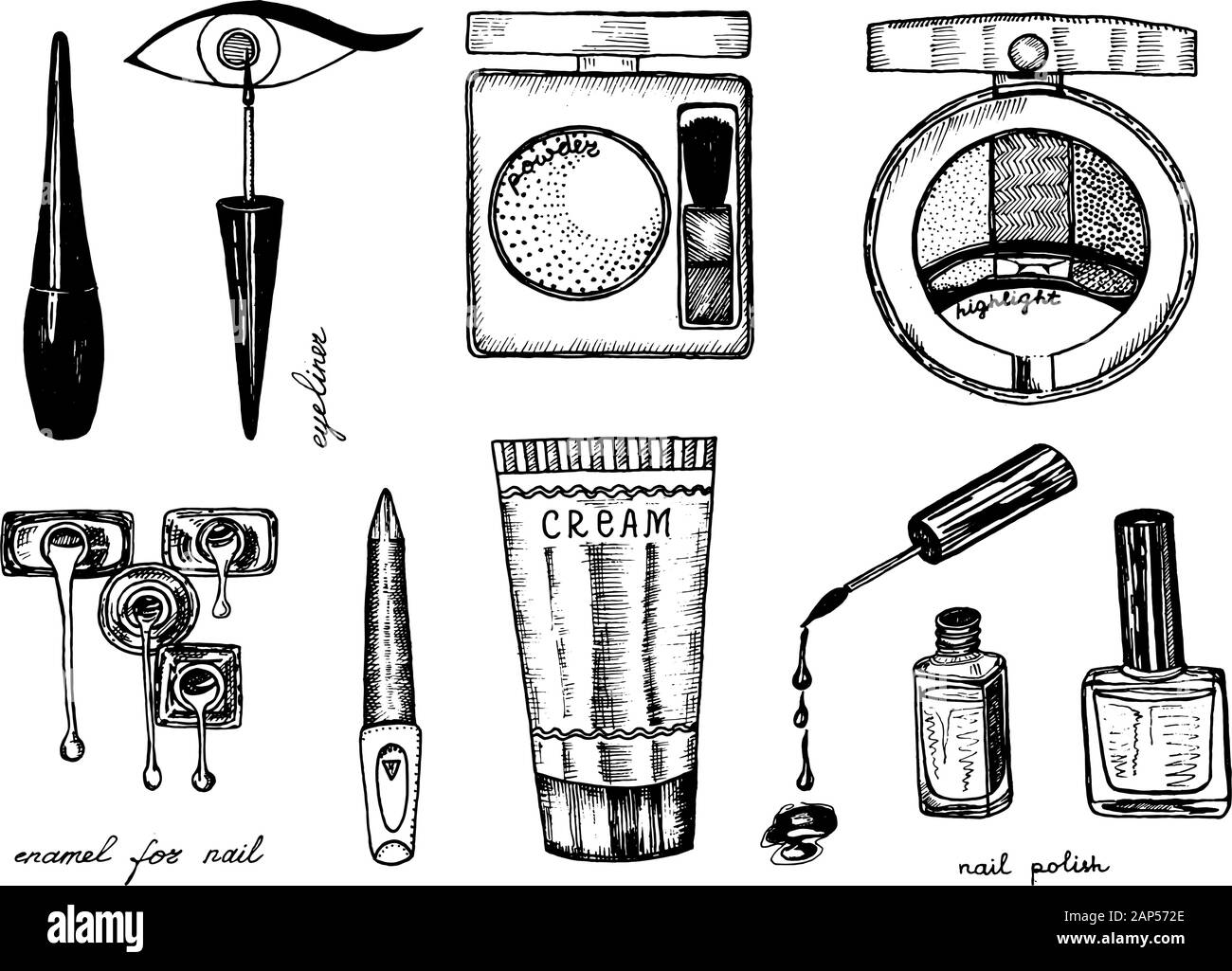 Outils de maquillage. Doodle une collection d'outils et d'éléments féminins pour un salon de beauté. Croquis dessinés à la main vintage gravé contour. Blush et Illustration de Vecteur