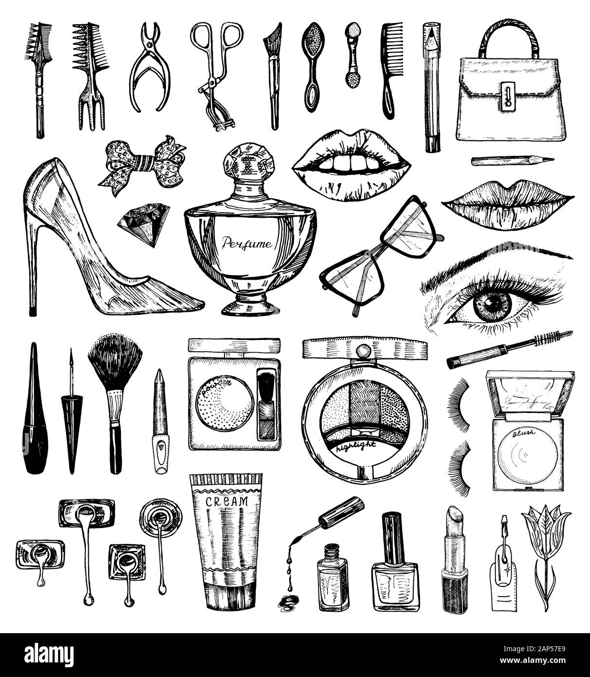 Outils de maquillage. Doodle une collection d'outils et d'éléments féminins pour un salon de beauté. Croquis dessinés à la main vintage gravé contour. Yeux, lèvres, blush Illustration de Vecteur