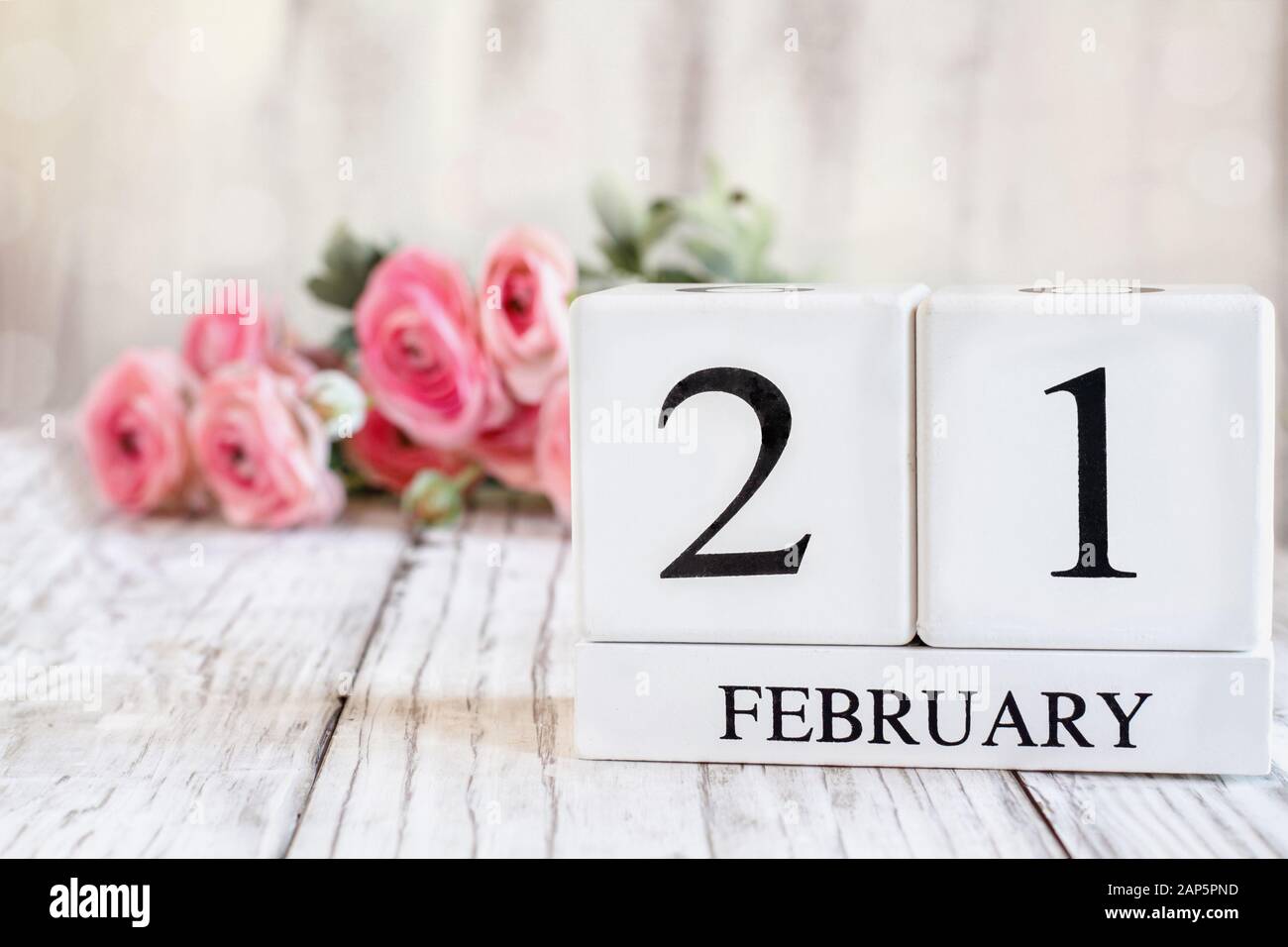 Blocs calendrier en bois blanc avec la date du 21 février. Foyer sélectif avec ranunculus rose en arrière-plan sur une table en bois. Banque D'Images