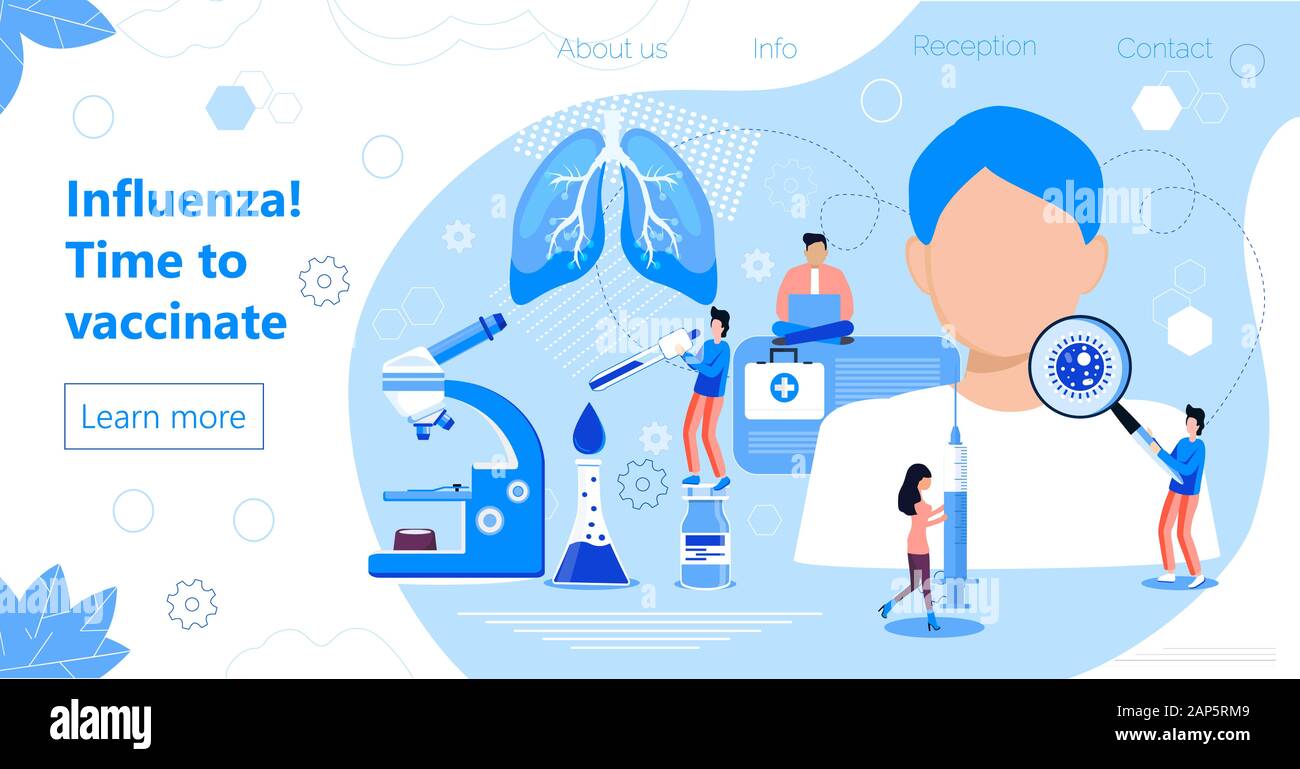 La vaccination antigrippale. Le temps de vacciner. Seringue avec vaccin, bouteille, calendrier des vaccinations et les médecins. Les médecins font minuscule contre la grippe. Healthcare Illustration de Vecteur