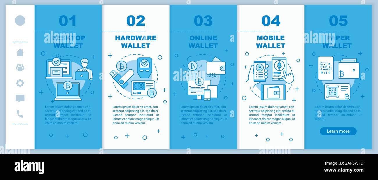 Cryptocurrency types de porte-monnaie mobile référencement pages web vector modèle. La monnaie électronique bitcoin. Site web de l'idée d'interface smartphone réactif. W Illustration de Vecteur