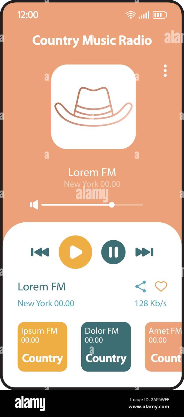 Country Music radio smartphone interface vector modèle. Page de l'application mobile mise en page design rétro. Playlist des chansons de l'écran d'écoute. Télévision L'ASSURANCE-CHÔMAGE pour ap Illustration de Vecteur
