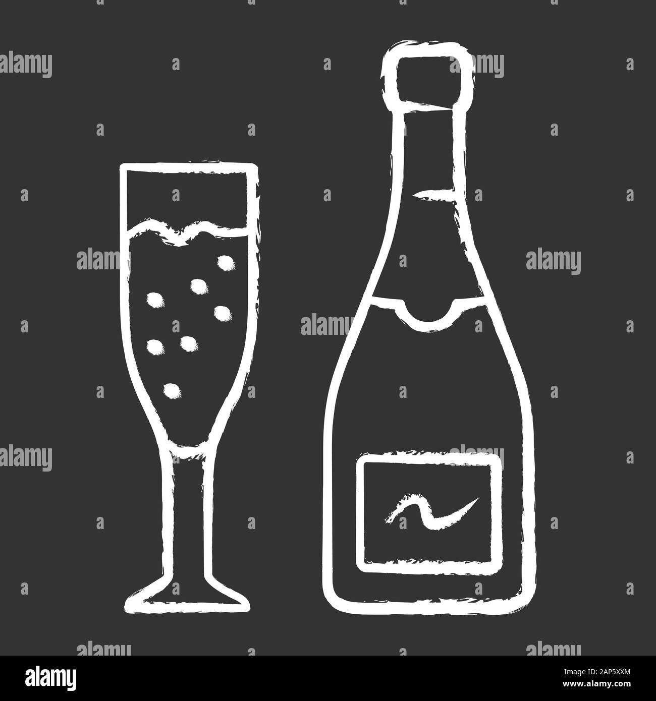L'icône de la craie de Champagne. Bouteille débouchée et flûte verre de vin mousseux. Boisson pétillante pour célébrer. Champaign. Anniversaire, anniversaire verre Illustration de Vecteur