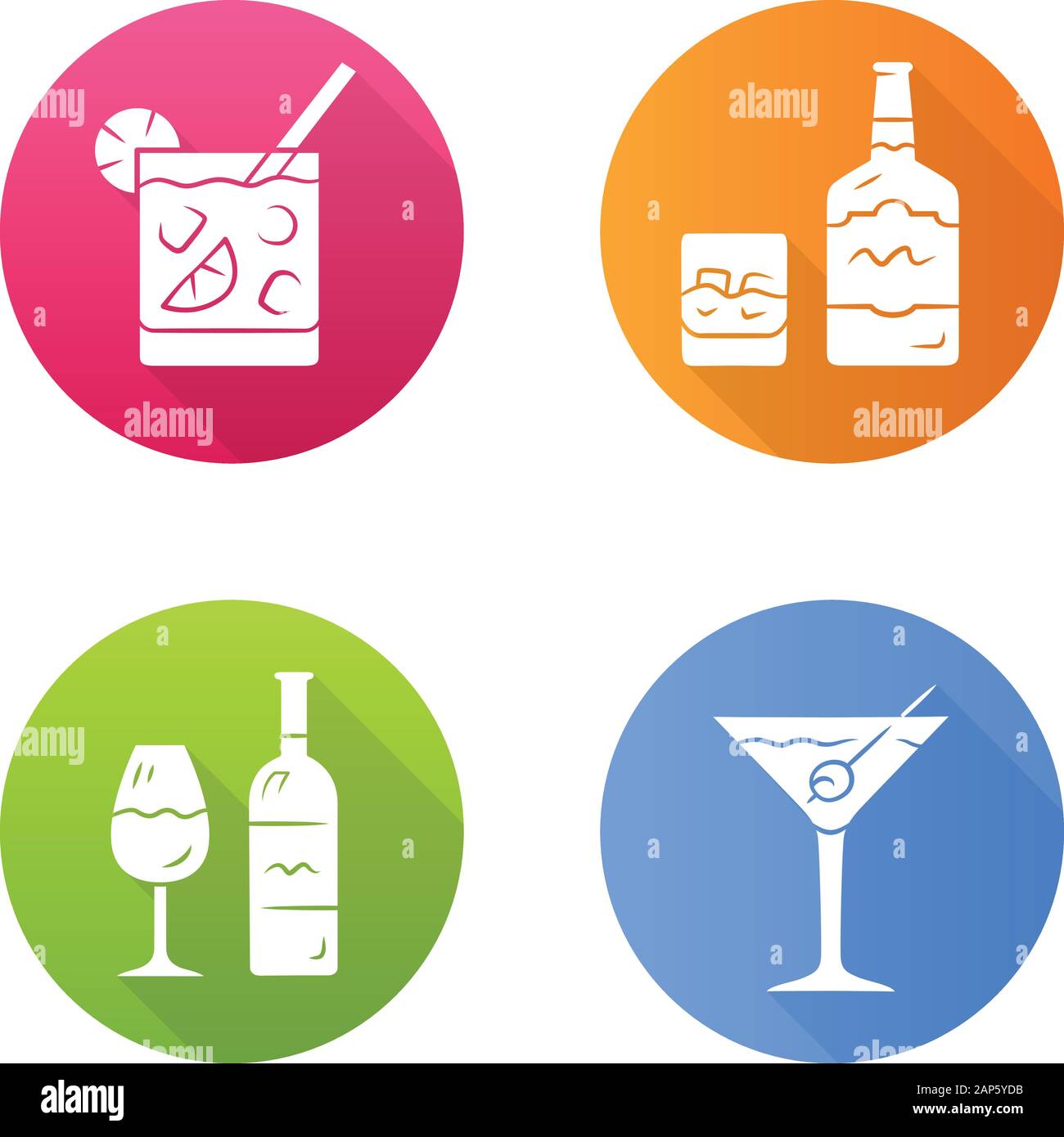 Design plat boissons grande ombre glyph icons set. Cocktail au verre lowball, whisky, vin, martini. Les boissons alcoolisées pour partie. Une des boissons rafraîchissantes Illustration de Vecteur