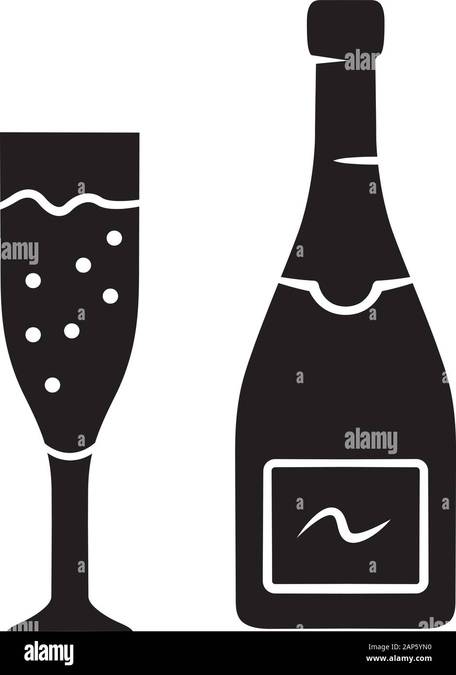 Icône glyphe de Champagne. Bouteille débouchée et flûte verre de vin mousseux. Boisson pétillante. Champaign. Anniversaire, anniversaire de boisson. Symbole de Silhouette. N Illustration de Vecteur