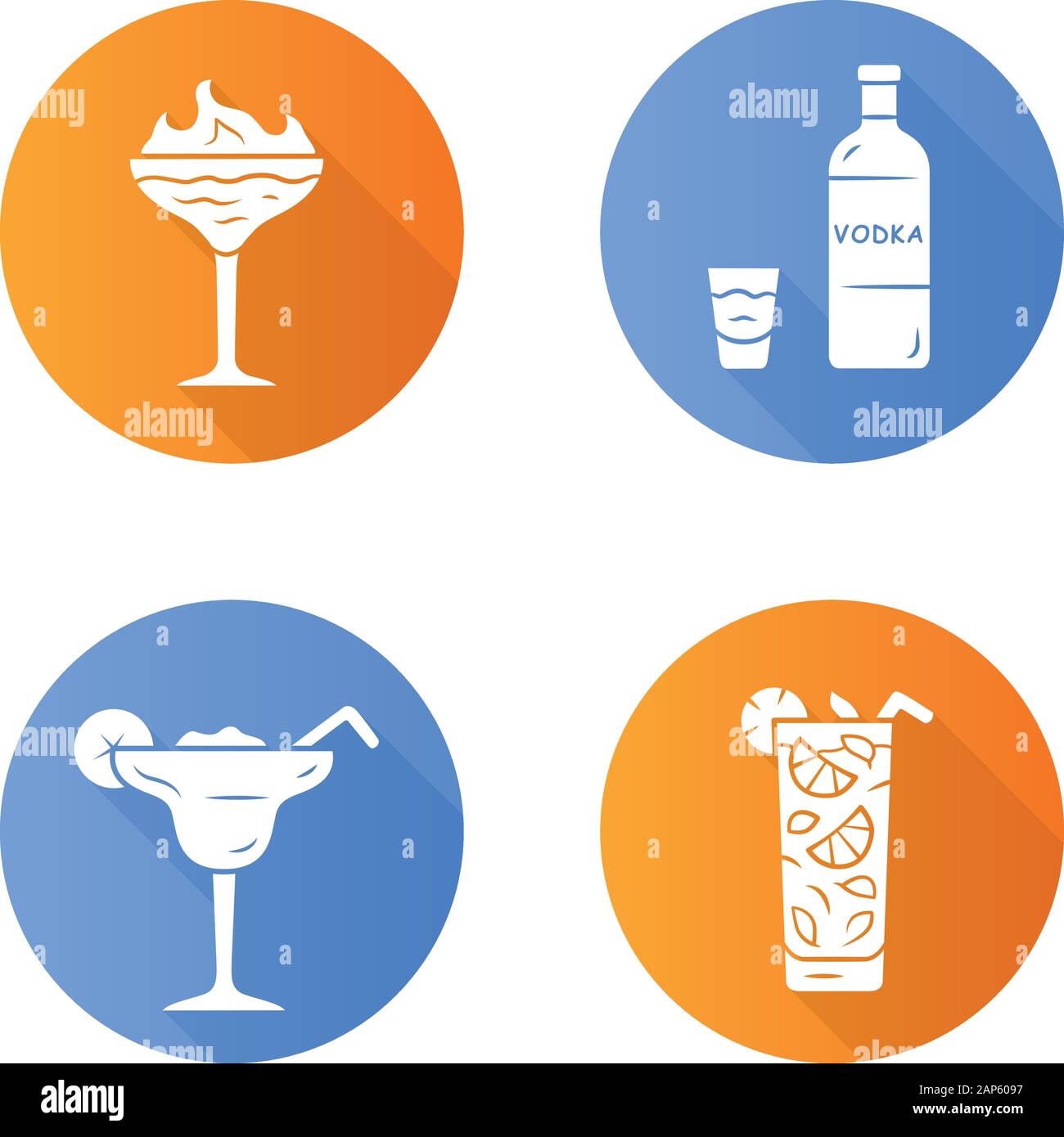 Design plat boissons grande ombre glyph icons set. Flaming shot, margarita, mojito, vodka. Lunettes avec boissons, bouteille. Les mélanges de boissons gazeuses et alcoolisées Illustration de Vecteur