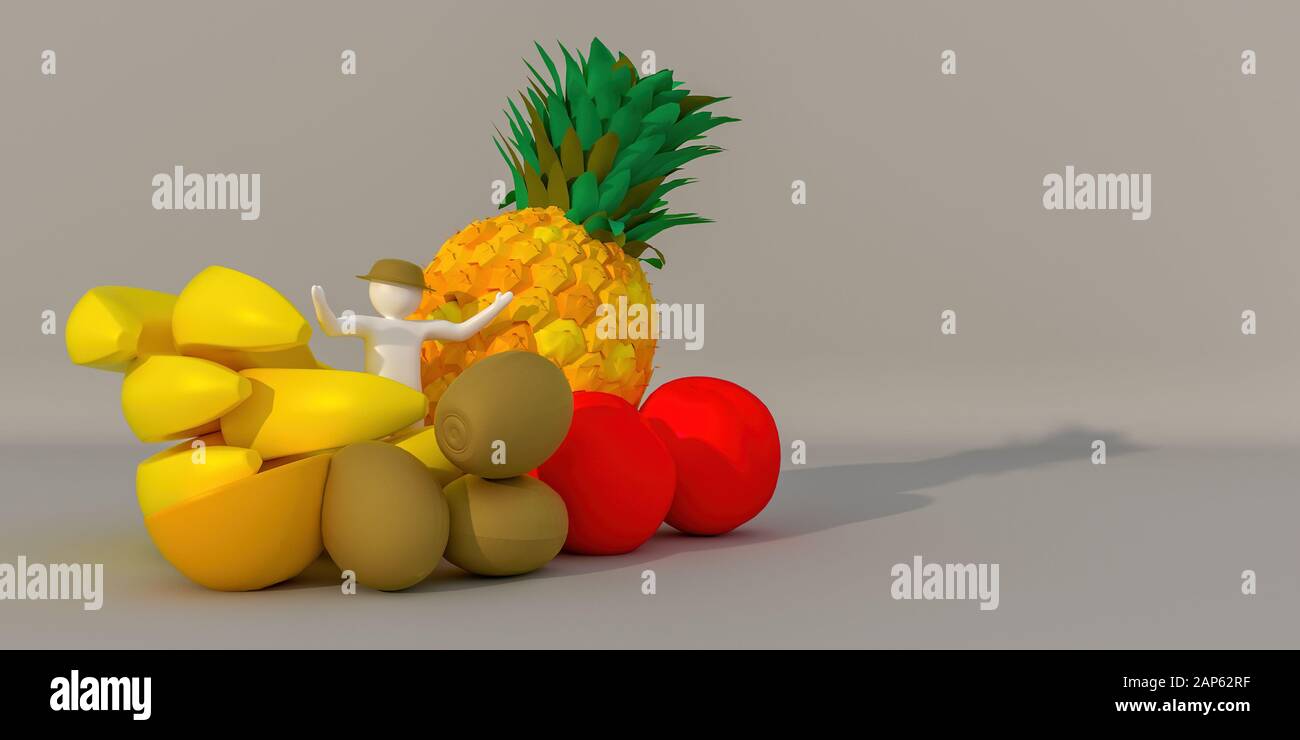 illustrateur en trois dimensions, rendu en trois dimensions du caractère blanc des jardiniers de fruits. Banque D'Images