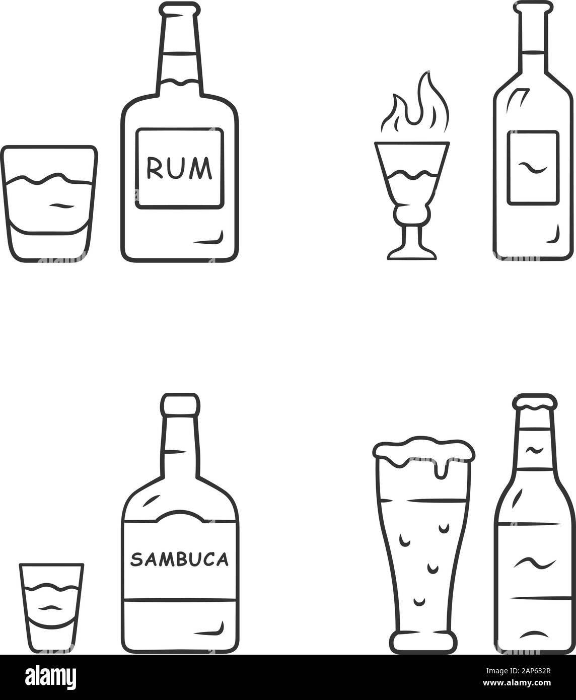 Linéaire boissons icons set. Le rhum, l'absinthe, sambuca, bière. Les bouteilles et les boissons dans des verres. Buvette. Fine ligne contour des symboles. Isol Illustration de Vecteur