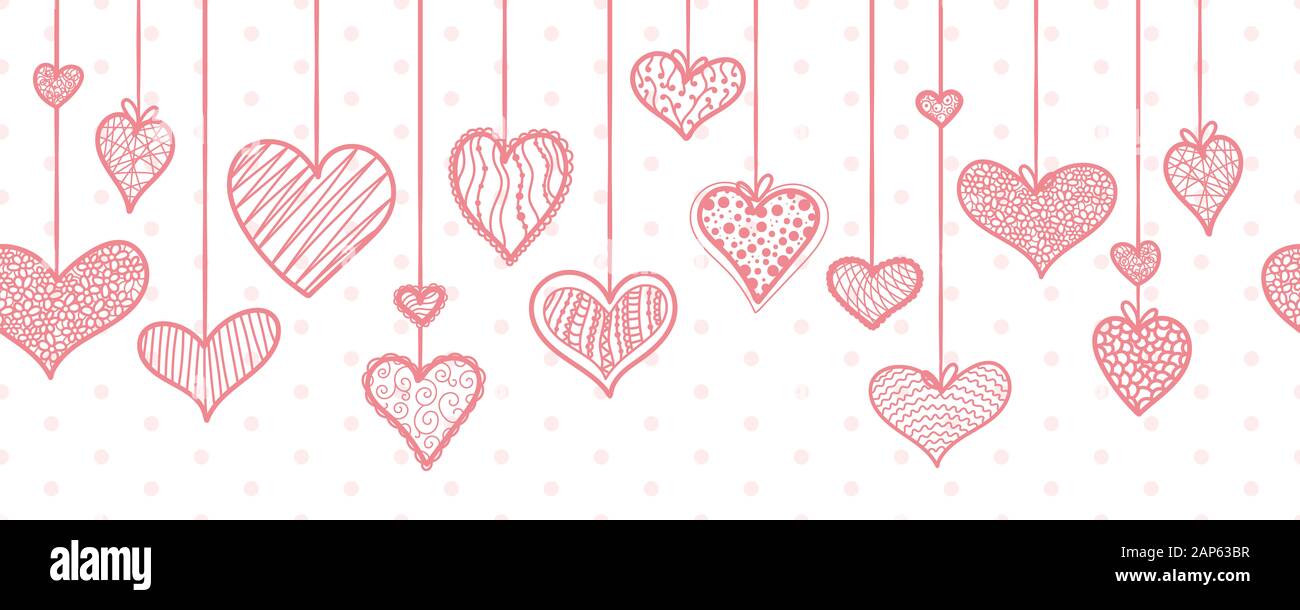 Joli dessin main pendante doodle coeurs horizontal sans couture, fond romantique, idéal pour les textiles, valentines jour enveloppement, bannière, papier peint Banque D'Images