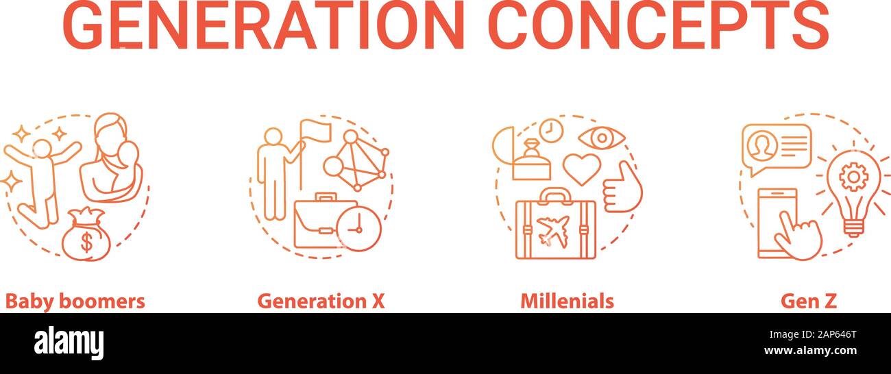 Génération concept rouge icons set. Groupes d'âge idée fine ligne ...