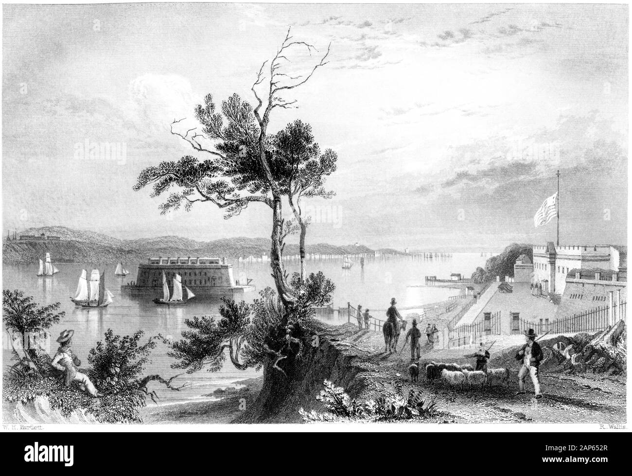 Une gravure des Narrows (de fort Hamilton) a été numérisée en haute résolution à partir d'un livre imprimé en 1840. Considéré comme libre de droits d'auteur. Banque D'Images