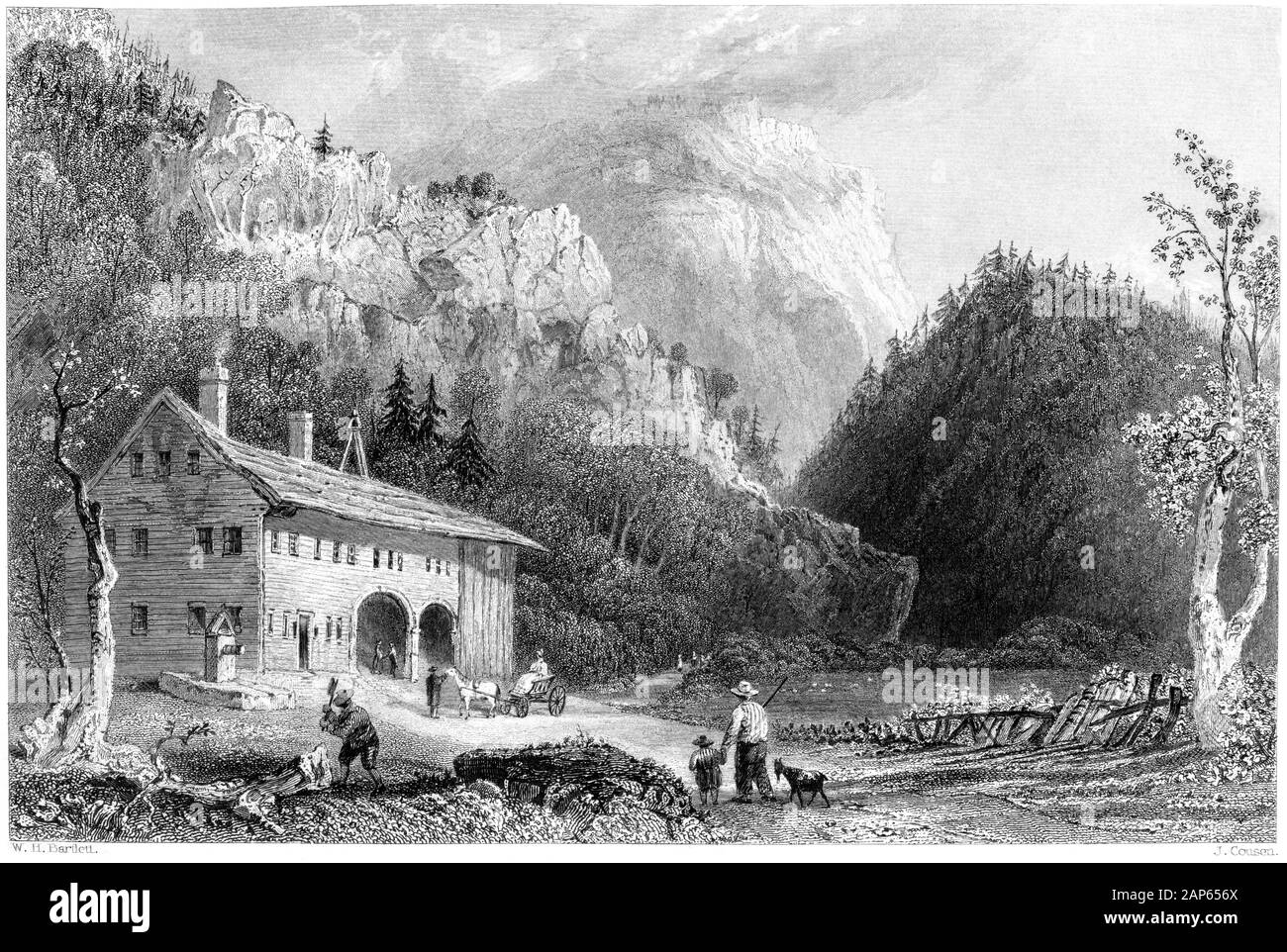 Une gravure De Notch House, White Mountains (New Hampshire) a été numérisée en haute résolution à partir d'un livre imprimé en 1840. Considéré comme libre de droits d'auteur. Banque D'Images