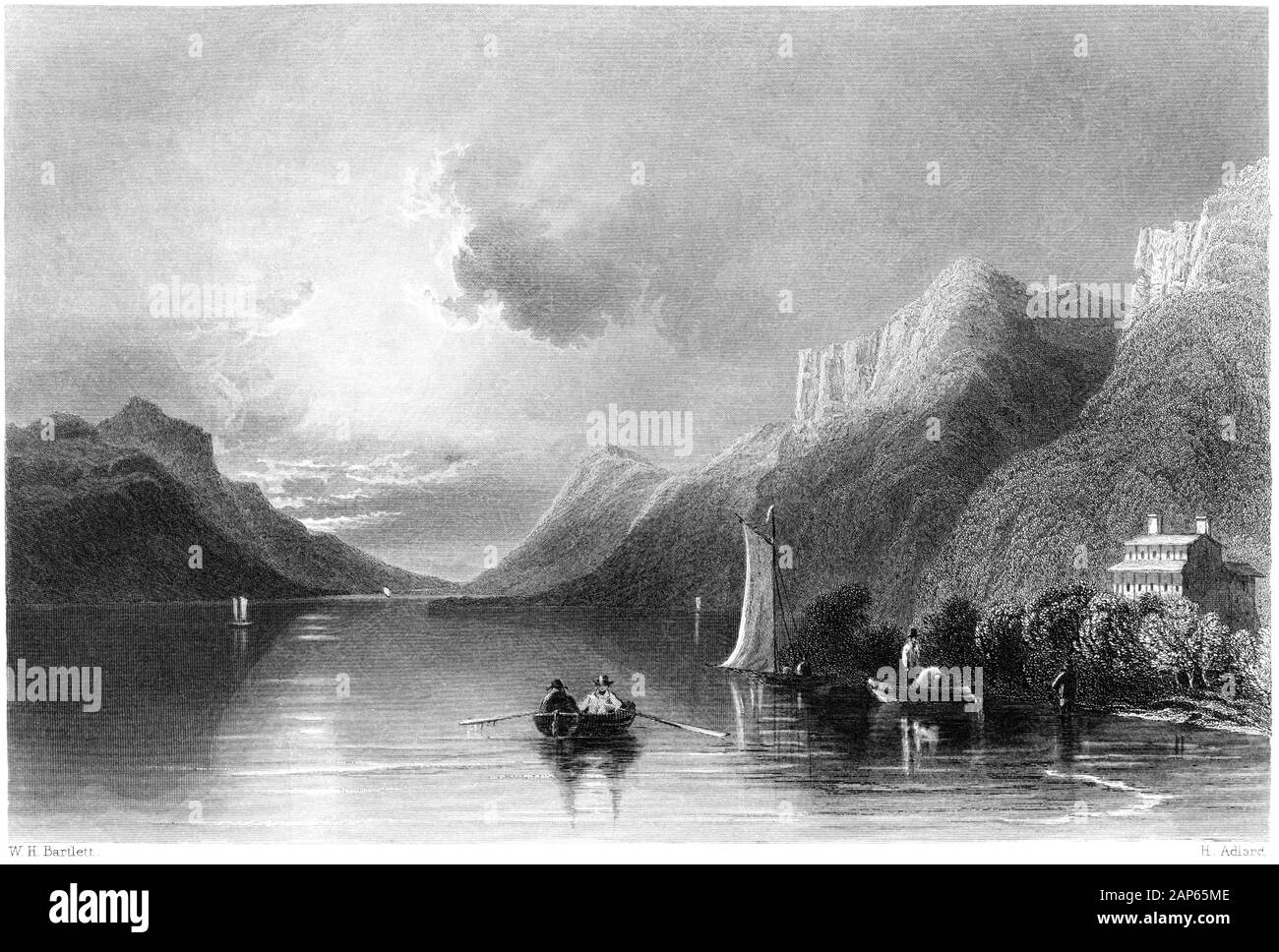 Une gravure de jour du Sabbat point (lac George) a été scannée à haute résolution. À partir d'un livre imprimé en 1840. Considéré comme libre de droits d'auteur. Banque D'Images