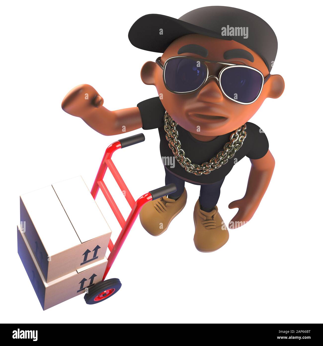 un artiste de rap hiphop de dessin animé en relief dans une casquette de  base-ball se promenant à côté d'un chariot à main avec des parcelles, rendu  d'illustration tridimensionnel Photo Stock -